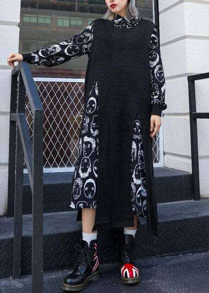 For Two Pieces Sweater Aesthetic Black Asymmetric Big Knit Top Fall