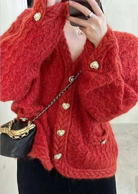 French Apricot Button Hollow Out Cotton Knit Coats Fall