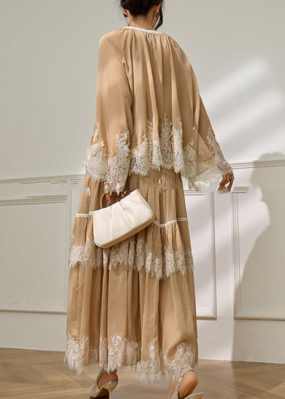 French Apricot Lace Patchwork Top and Maxi Skirts Two Pieces Set Flare Sleeve