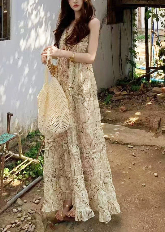 French Apricot Print Exra Large Hem Cotton Vacation Dress Summer