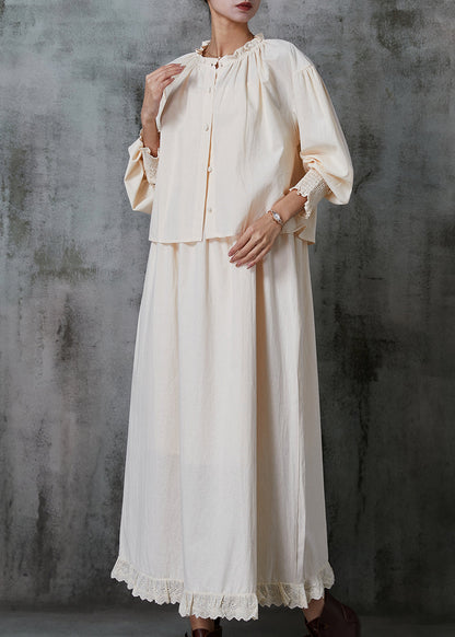 French Apricot Ruffled Patchwork Cotton Dress Two Piece Set Spring