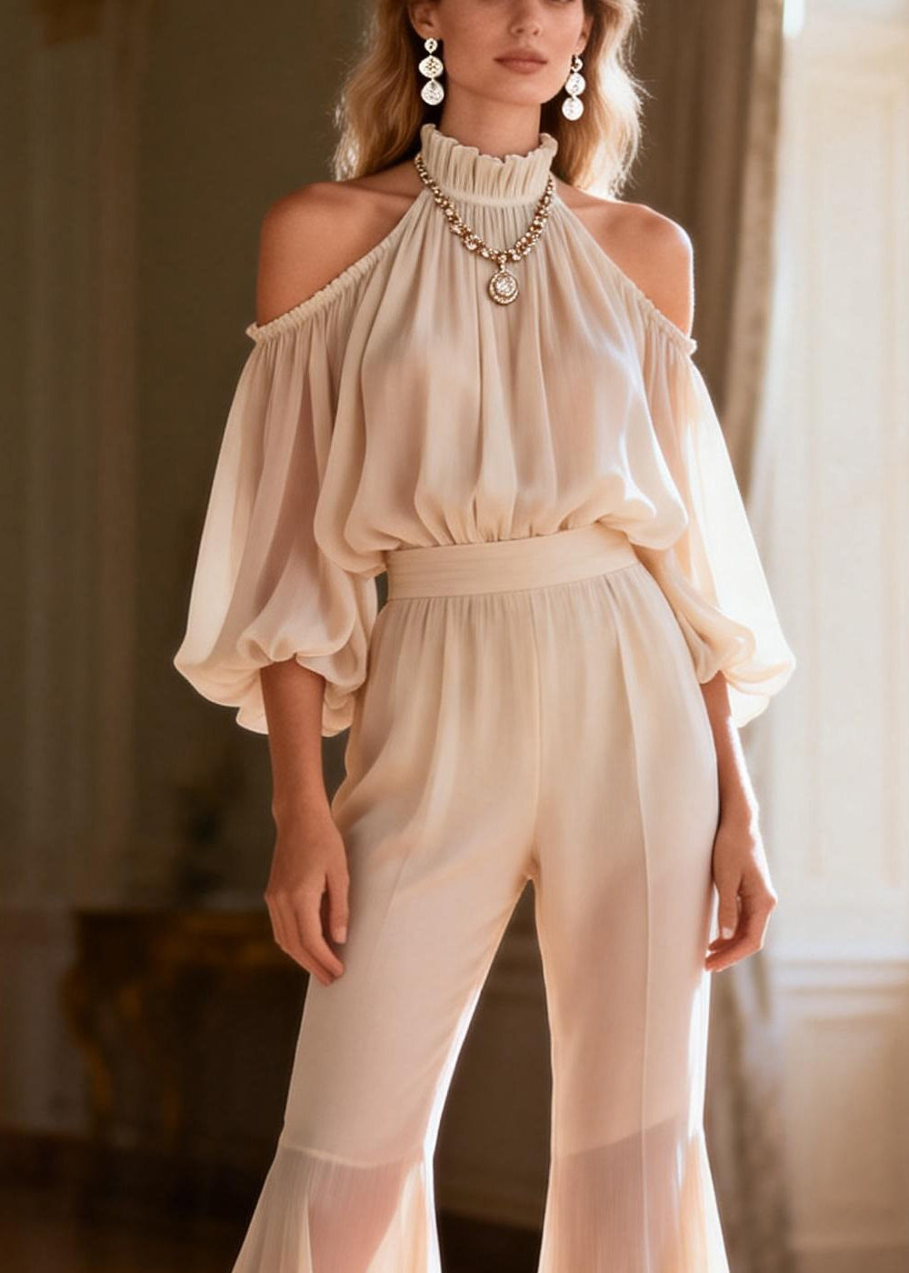 French Apricot Stand Collar Wrinkled Chiffon Top and Flared Trousers Two Pieces Set Lantern Sleeve