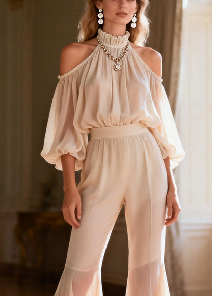 French Apricot Stand Collar Wrinkled Chiffon Top and Flared Trousers Two Pieces Set Lantern Sleeve