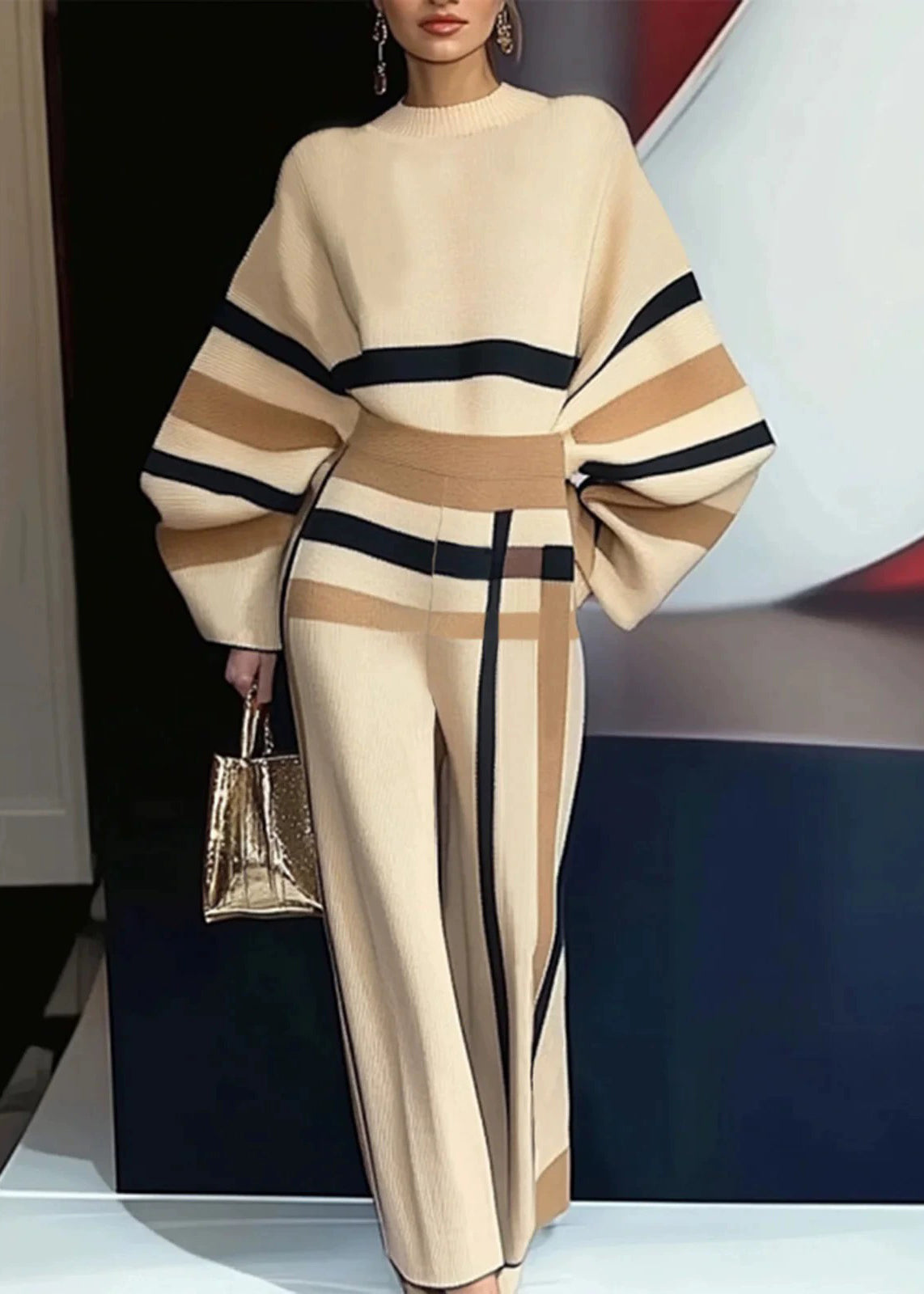 French Apricot Striped Sweaters and Pants Knit Two Pieces Set Spring