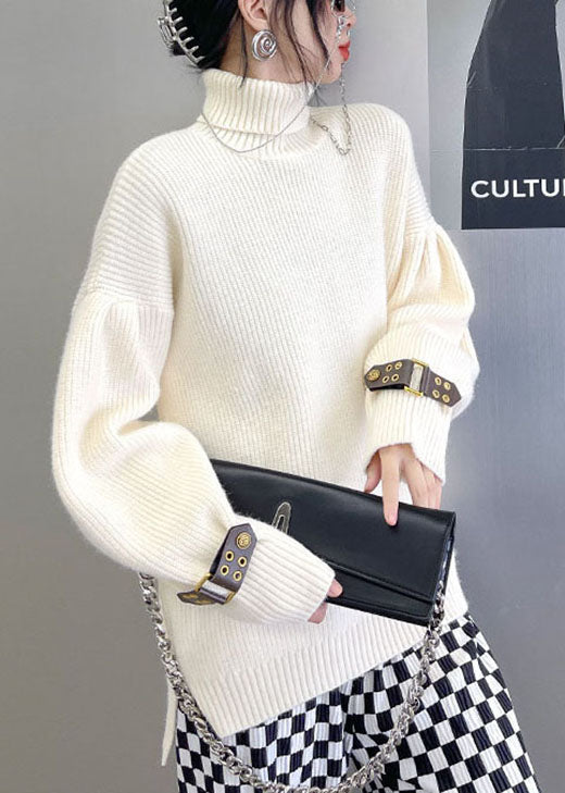 French Apricot Turtleneck Low High Design Loose Fall Knitted Sweaters