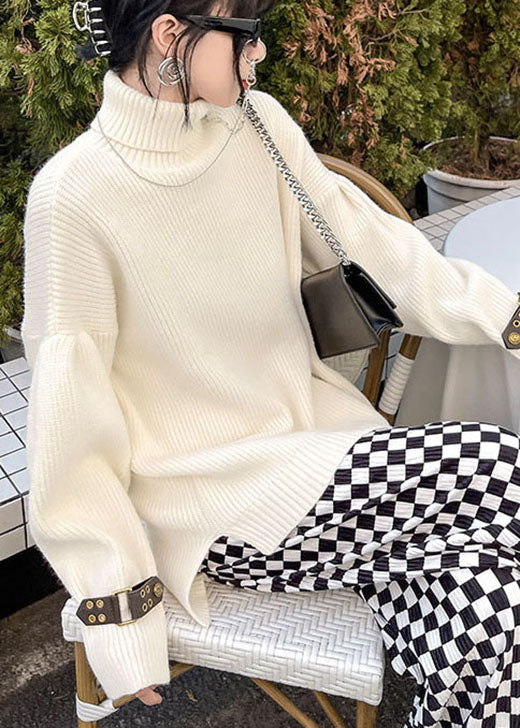 French Apricot Turtleneck Low High Design Loose Fall Knitted Sweaters