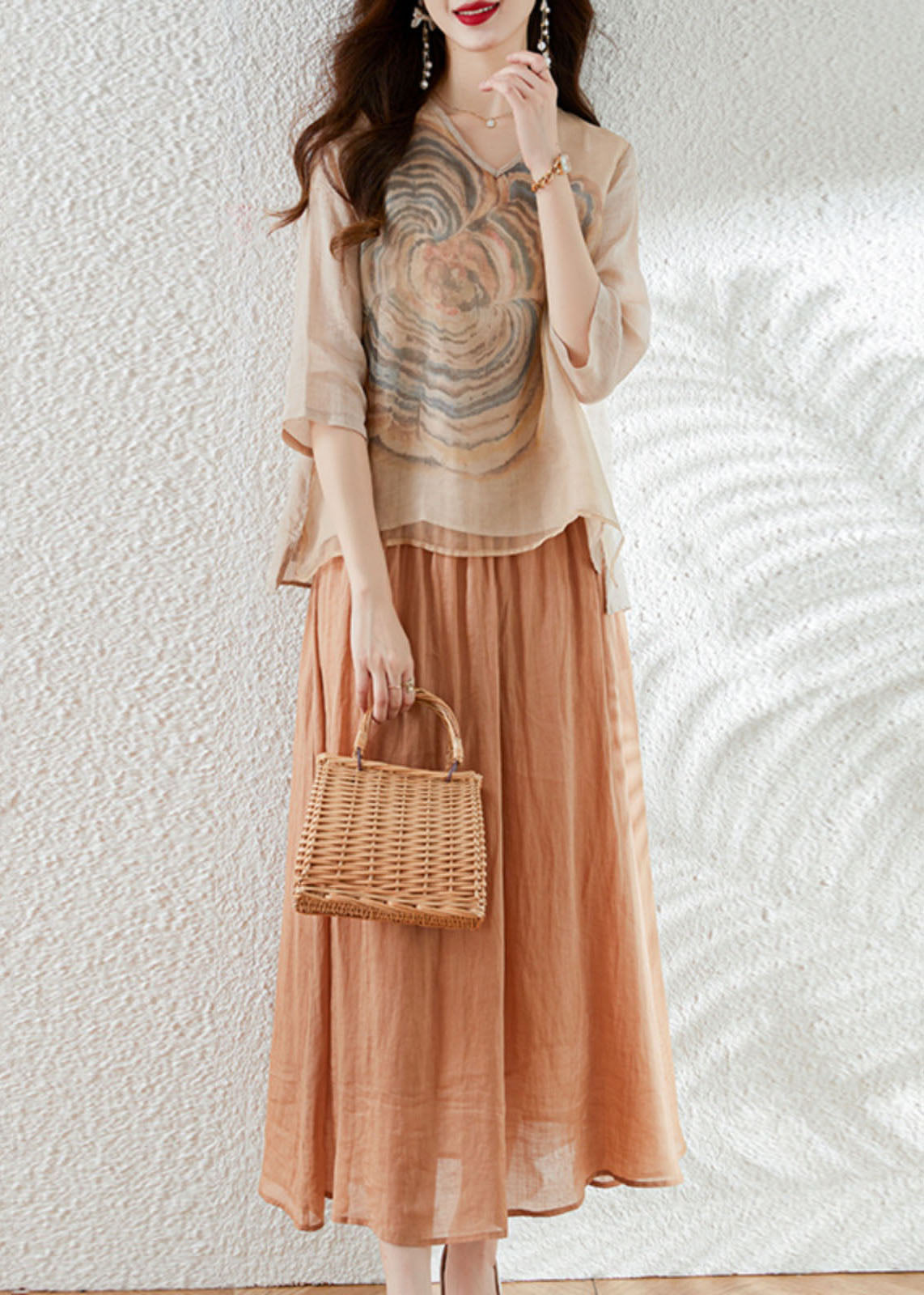 French Apricot V Neck Print Patchwork Tops and Skirts Cotton Two Pieces Set Summer