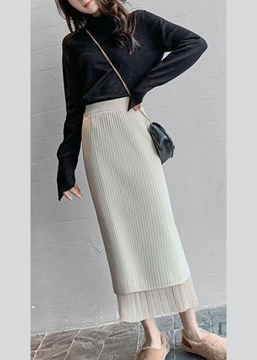 French Apricot Tulle Knit Pleated Skirt Spring