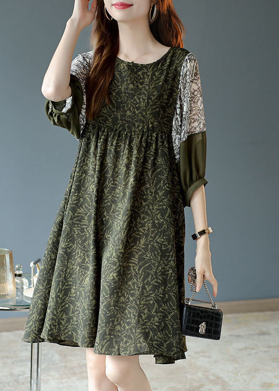 French Army Green O-neck Patchwork Print Chiffon Vacation Dresses Half Sleeve