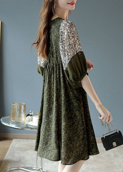 French Army Green O-neck Patchwork Print Chiffon Vacation Dresses Half Sleeve