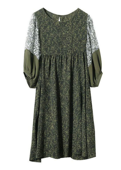 French Army Green O-neck Patchwork Print Chiffon Vacation Dresses Half Sleeve