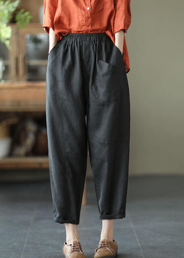 French Color Stripes Elastic Waist Harem Summer Pants Linen