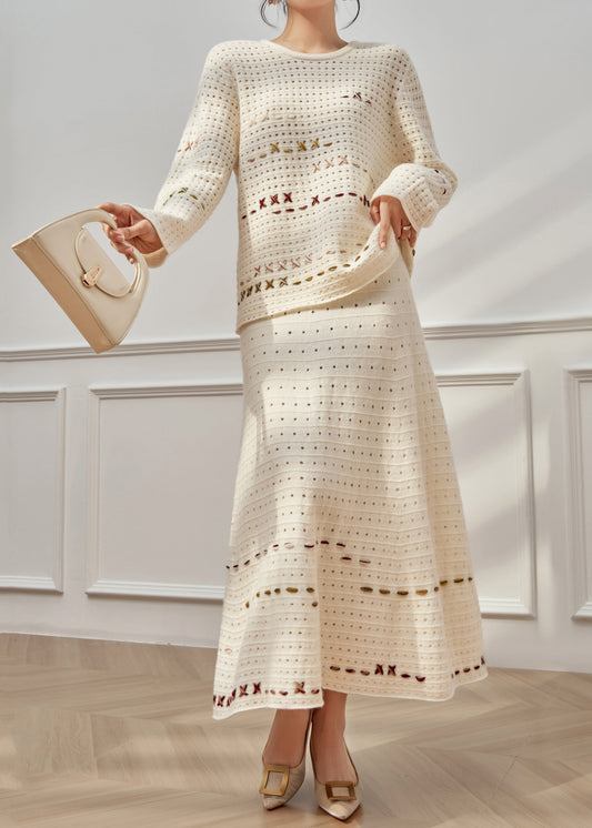 French Beige Hollow Out Sweaters and Skirts Knit Two Pieces Set Fall