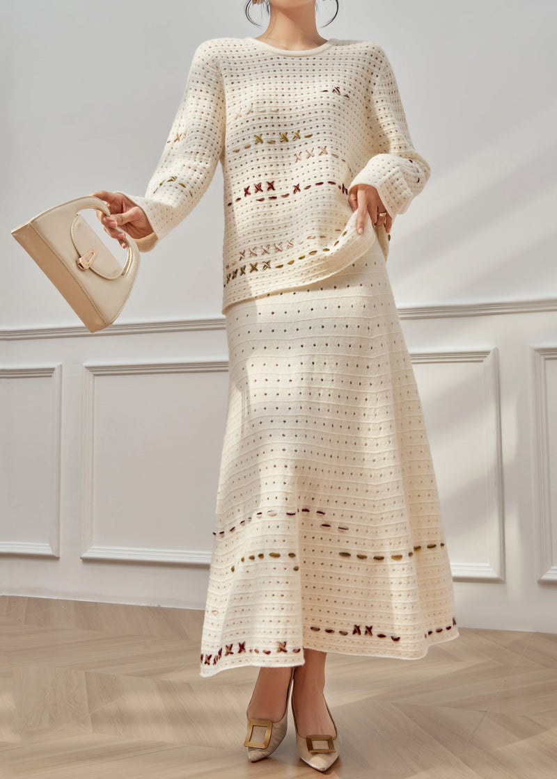 French Beige Hollow Out Sweaters and Skirts Knit Two Pieces Set Fall