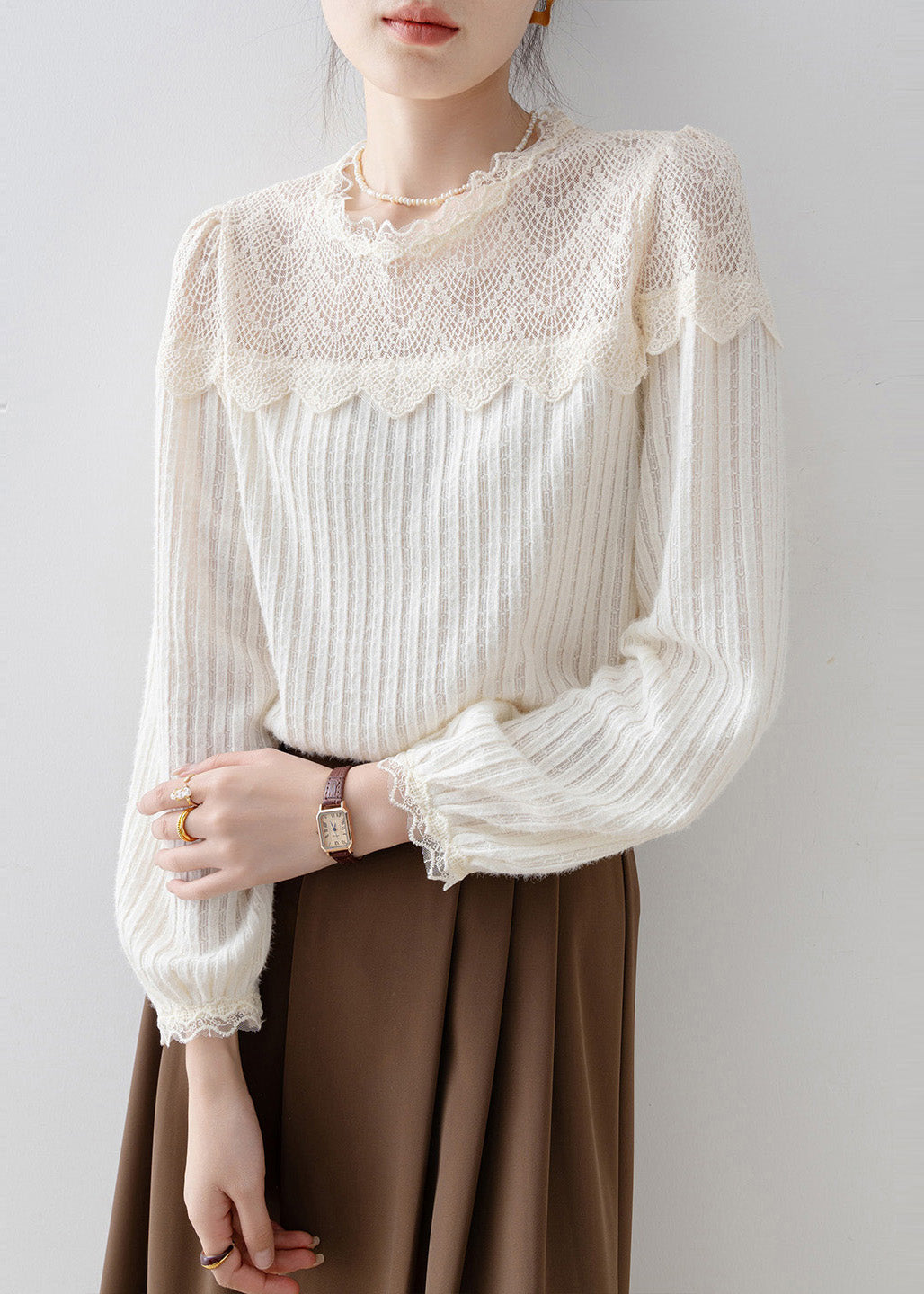 French Beige Lace Patchwork Knit Blouses Spring