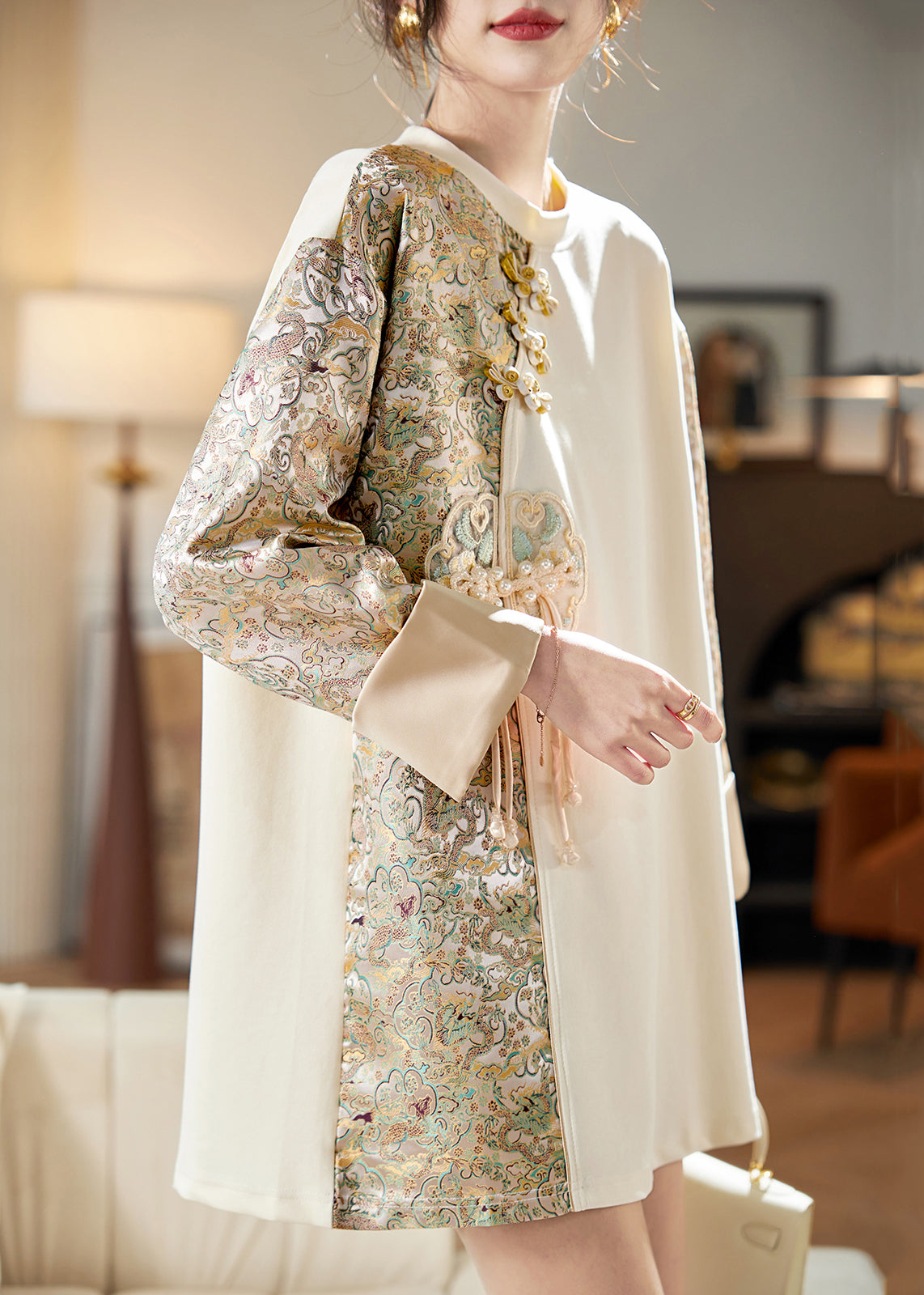 French Beige O-neck Print Patchwork Cotton T Shirt Long Sleeve