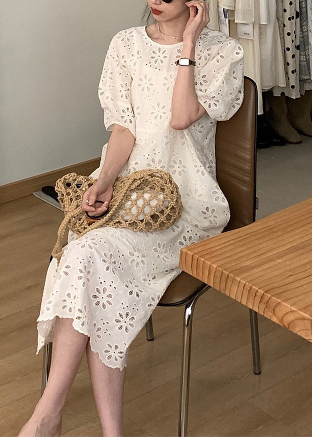 French Beige O-neck Puff Sleeve Hollow Out Cotton Dress