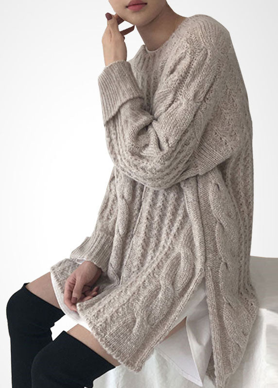 French Beige O-neck Side Open Wool Cable Knit Long Sweater Winter