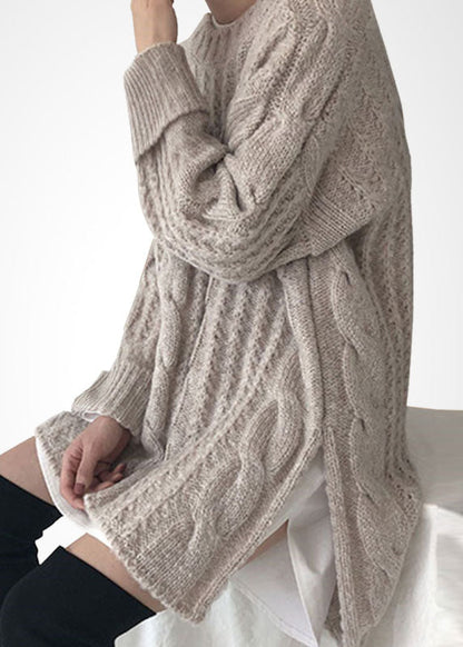 French Beige O-neck Side Open Wool Cable Knit Long Sweater Winter