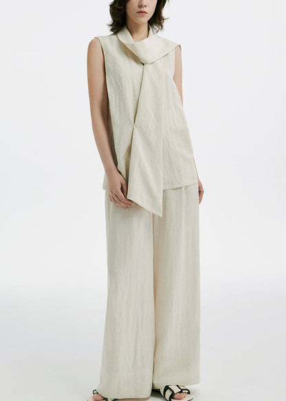 French Beige Silk Linen Top and Wide Leg Pants Two Pieces Set Sleeveless