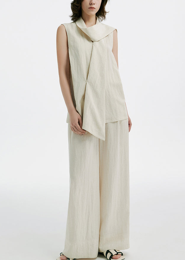 French Beige Silk Linen Top and Wide Leg Pants Two Pieces Set Sleeveless