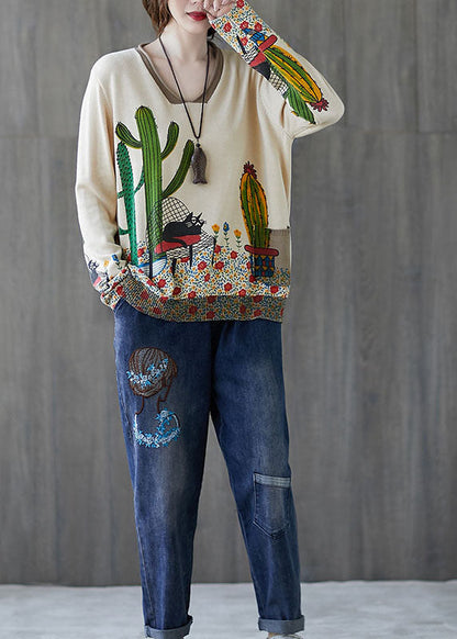 French Beige V Neck Loose Print Fall Sweater