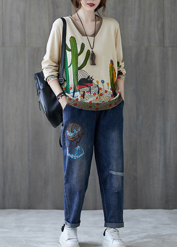 French Beige V Neck Loose Print Fall Sweater