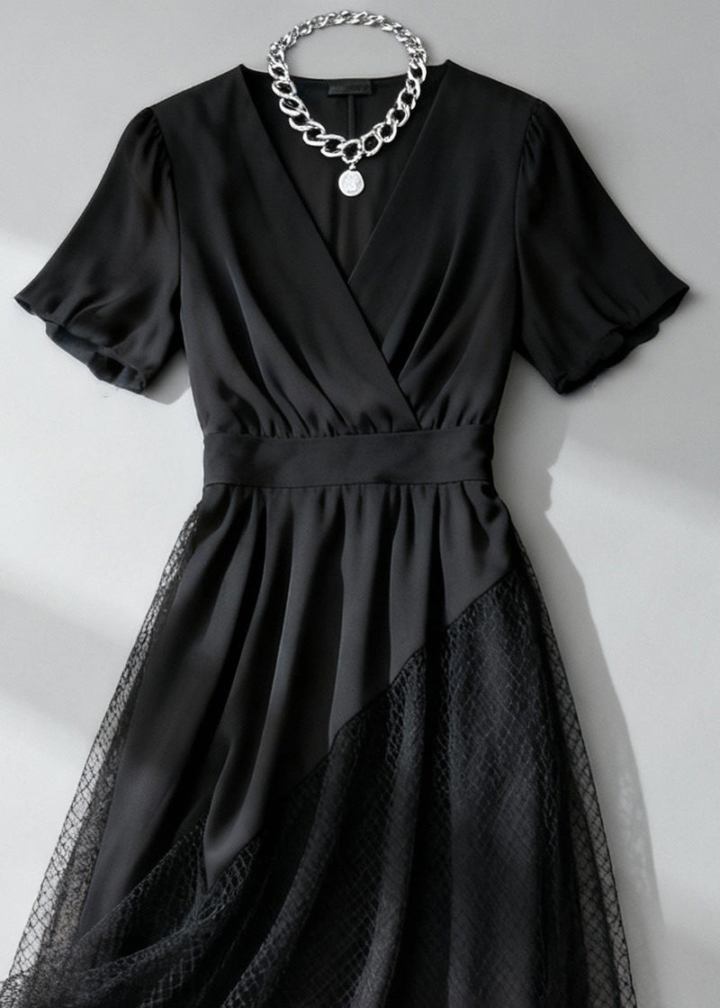 French Black Asymmetrical Design Hollow Out Tulle Patchwork Long Dress Summer