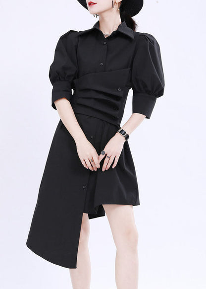 French Black Asymmetrical Design Color Cotton Shirt Dress Lantern Sleeve