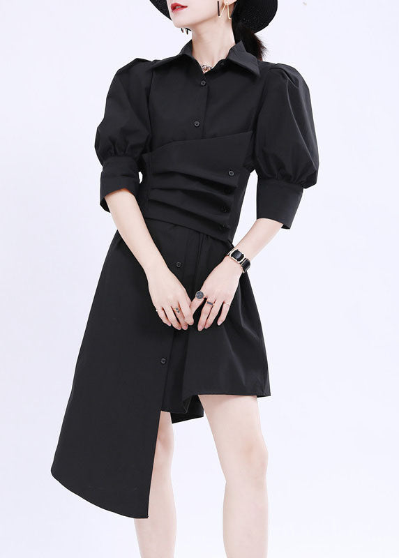 French Black Asymmetrical Design Color Cotton Shirt Dress Lantern Sleeve