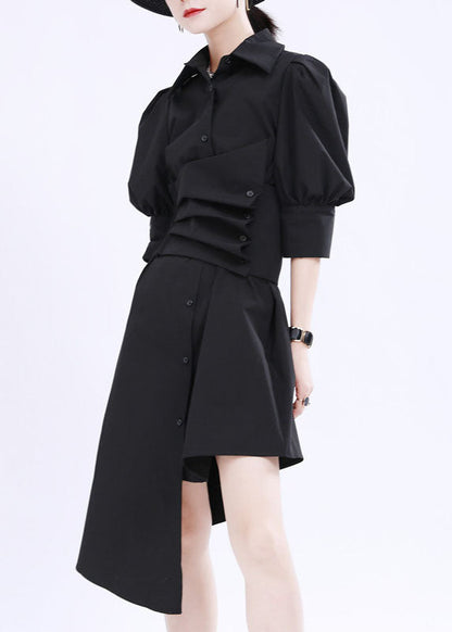 French Black Asymmetrical Design Color Cotton Shirt Dress Lantern Sleeve
