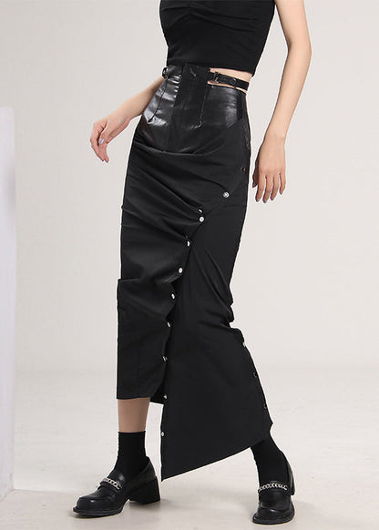 French Black Button Patchwork Side Open Skirts Spring