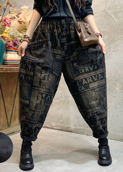 French Black Cinched Graphic Denim Pants Winter