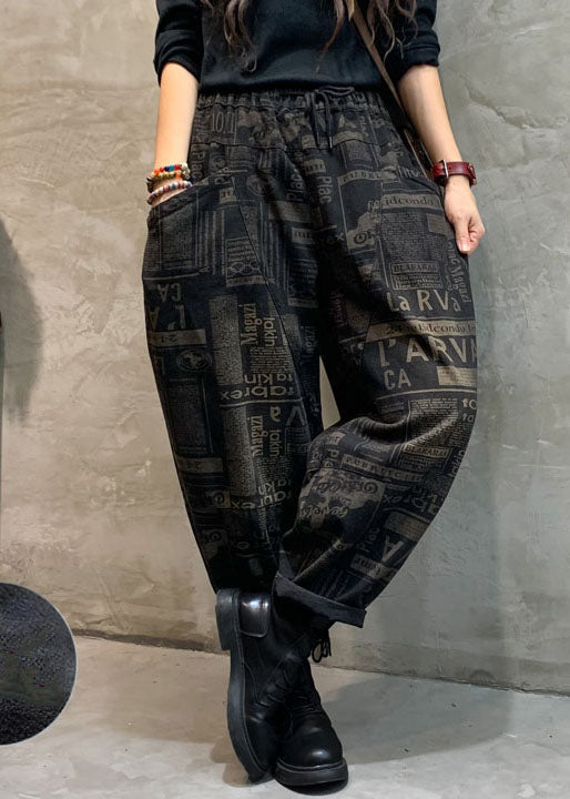 French Black Cinched Graphic Denim Pants Winter
