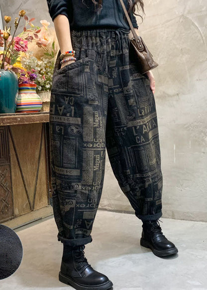 French Black Cinched Graphic Denim Pants Winter