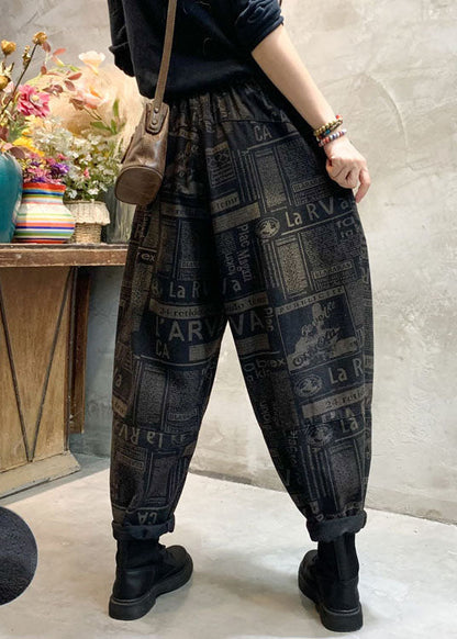 French Black Cinched Graphic Denim Pants Winter