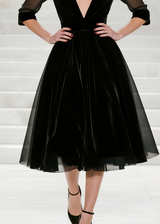 French Black Deep-v Neck Patchwork Silk Velvet Vacation Dresses Summer