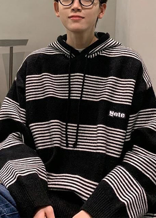 French Black Hooded Striped Knit Sweaters Winter