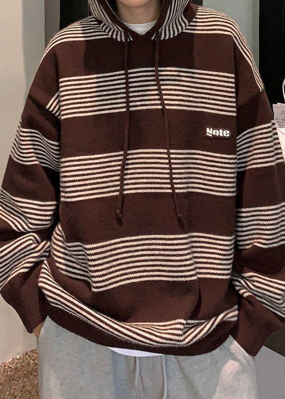 French Black Hooded Striped Knit Sweaters Winter