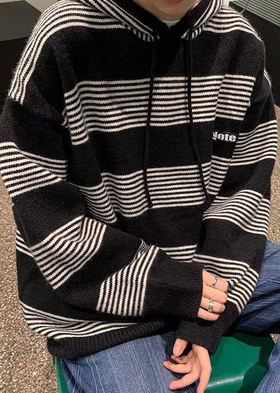 French Black Hooded Striped Knit Sweaters Winter