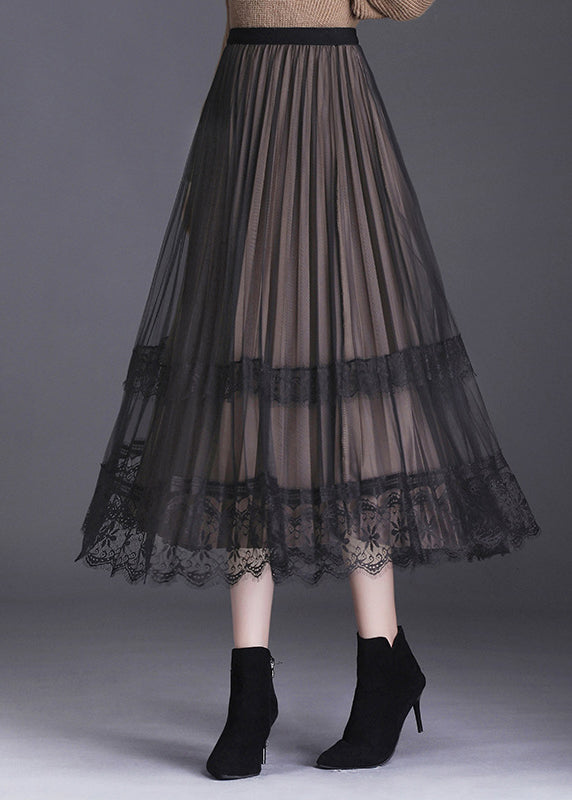 French Black Lace Patchwork Pleated Wear on Both Sides Fall Skirt