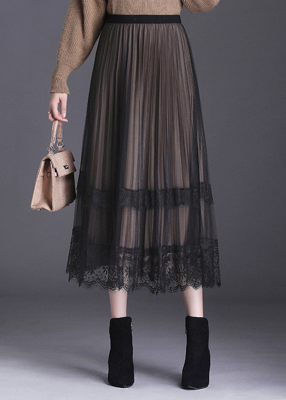 French Black Lace Patchwork Pleated Wear on Both Sides Fall Skirt