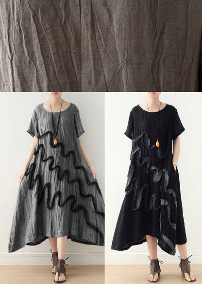 French Black Loose Linen Summer Dresses