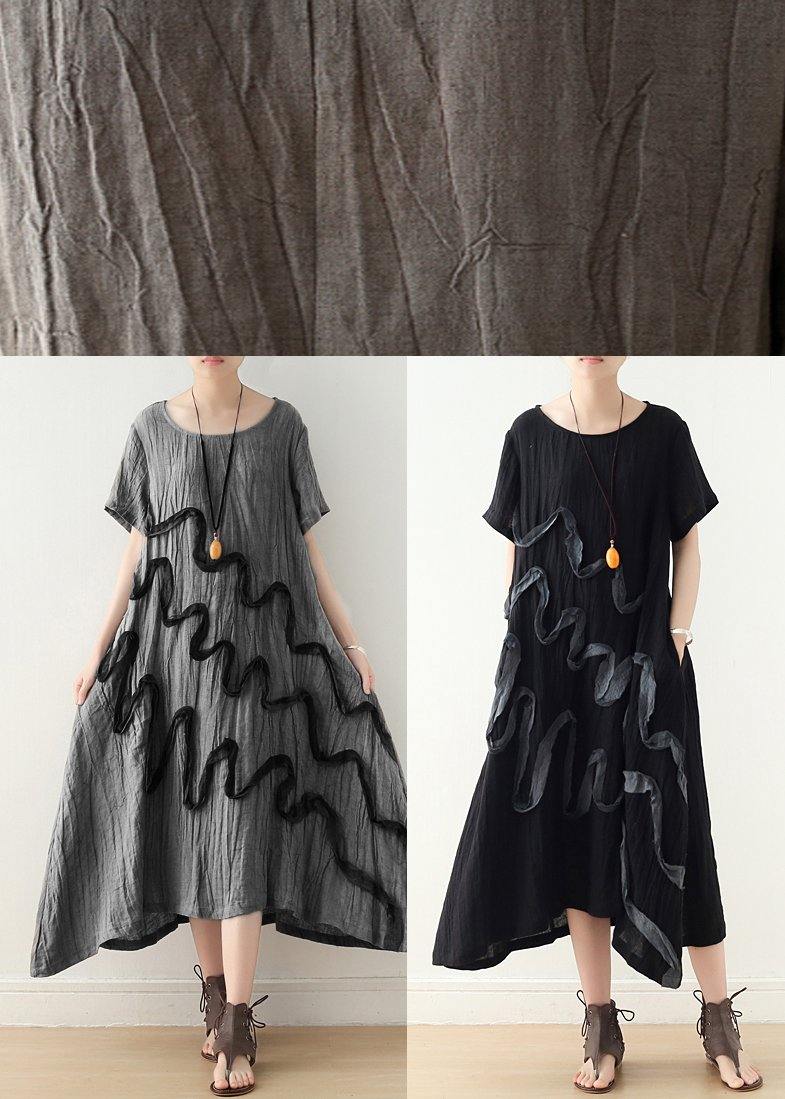 French Black Loose Linen Summer Dresses
