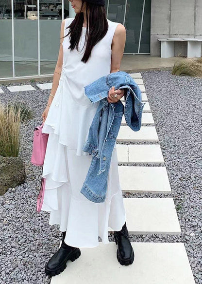 French Black O-neck Asymmetrical Drawstring Ruffled Maxi Layered Dress Summer