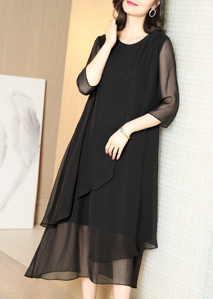 French Black O-neck Asymmetrical Patchwork Chiffon Dress Summer