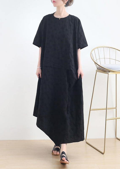 French Black O-neck Cinched Long Summer Linen Dress