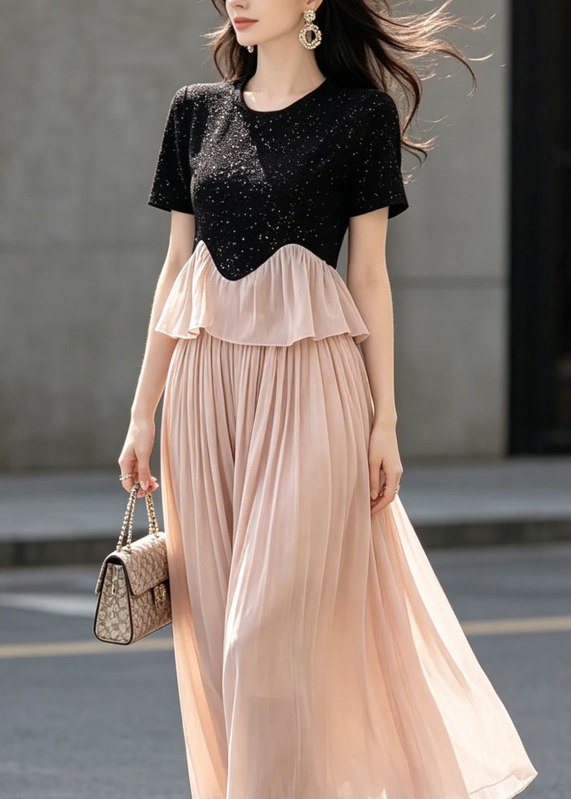 French Black O Neck Cotton Top Patchwork and Pink Tulle Pants Skirt Two Piece Set Summer