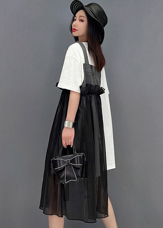 French Black O-neck Denim Tulle Patchwork Dress Short Sleeve