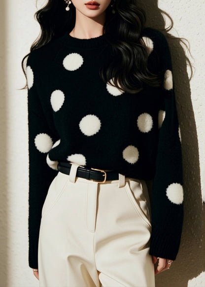French Black O-neck Dot Print Cozy Cotton Knit Sweater Spring
